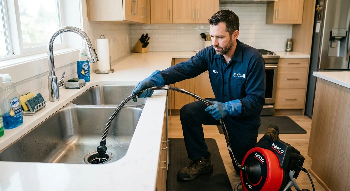 Drain cleaning technician using a motorized snake on a kitchen sink in Reading