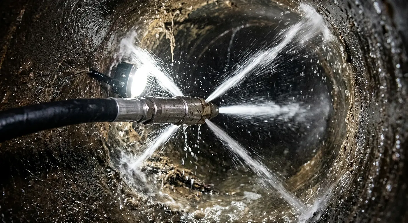 High-pressure hydro jetting nozzle cleaning sewer pipe for Trenchless Sewer Repair in Reading