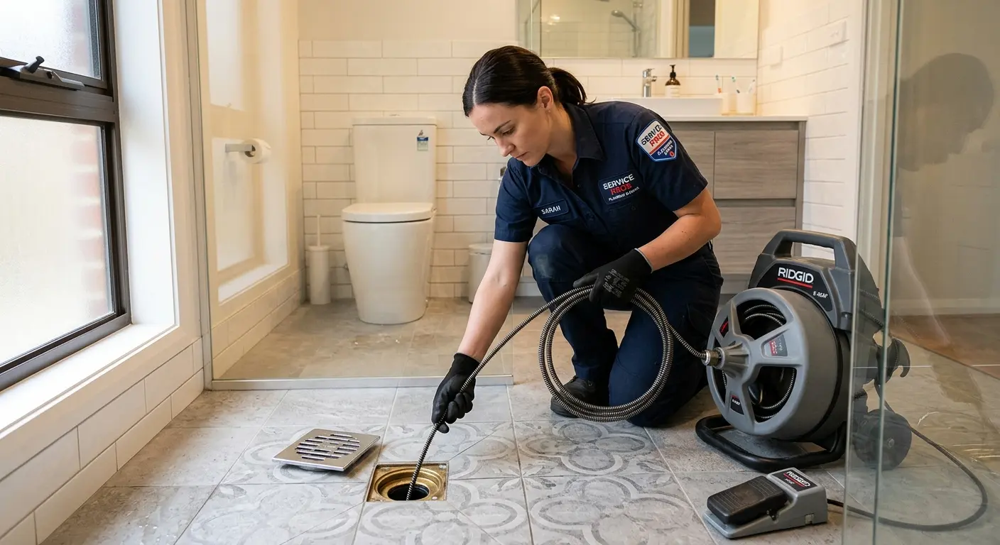 Technician clearing a bathroom floor drain for Sewer Line Replacement in Reading